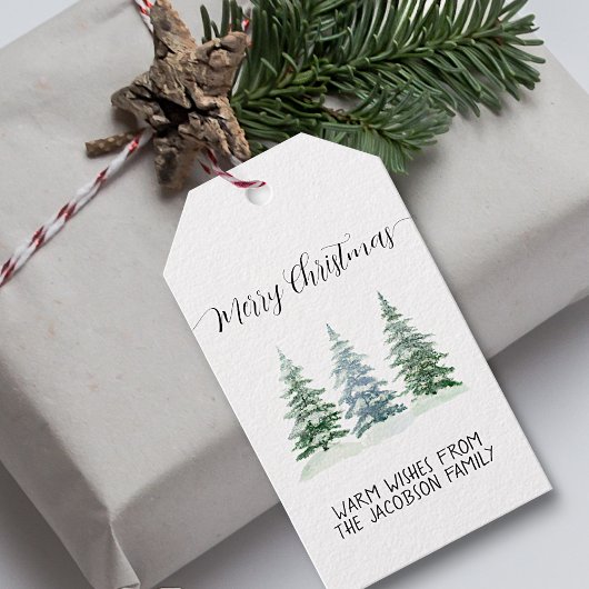 Snowy Waterverf Pine Trees Rustic Merry Kerstmis Cadeaulabel