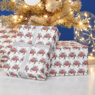 Snowy Waterverf Red Cottage Pattern Christmas Cadeaupapier