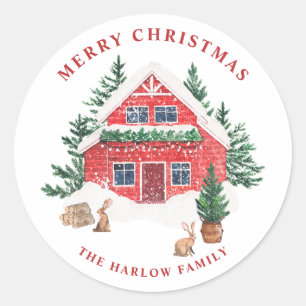 Snowy Waterverf Red Cottage Vrolijk Kerstfeest Ronde Sticker
