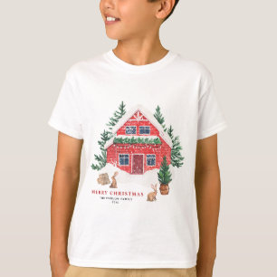 Snowy Waterverf Red Cottage Woodland Christmas T-shirt