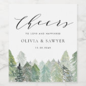 Snowy Waterverf Winter Evergreen Forest Wedding Wijn Etiket (Enkel label)