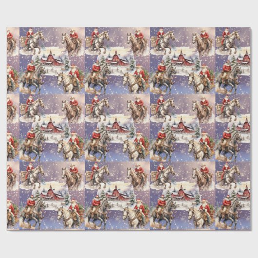 Snowy Western Kerstpaard Santas, rode schuur Cadeaupapier (Vlak)