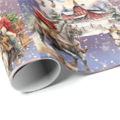 Snowy Western Kerstpaard Santas, rode schuur Cadeaupapier (Rol Hoek)