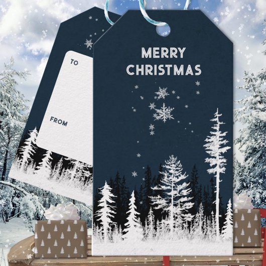 Snowy White Forest Night Merry kerst Cadeaulabel