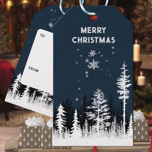 Snowy White Forest Night Merry kerst Cadeaulabel