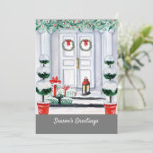 Snowy White House Decorated door deur Feestdagenkaart (Staand voorkant)