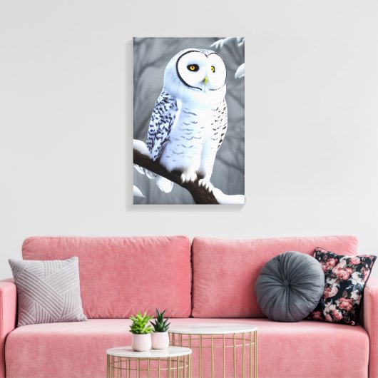 Snowy White Owl on Tree Branch Canvas Afdruk (Insitu (Woonkamer))