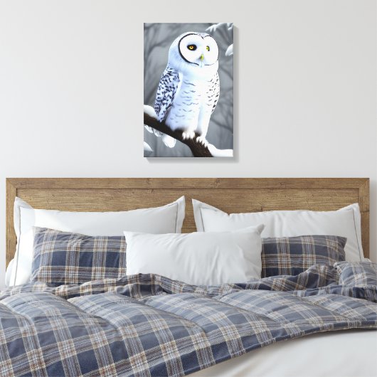 Snowy White Owl on Tree Branch Canvas Afdruk (Insitu (Slaapkamer))