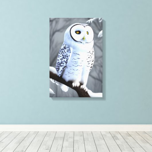 Snowy White Owl on Tree Branch Canvas Afdruk (Insitu (Houten vloer))
