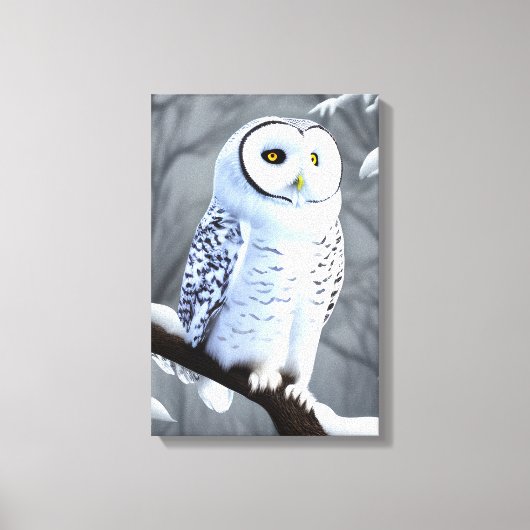 Snowy White Owl on Tree Branch Canvas Afdruk (Voorkant)