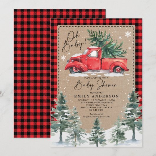 Snowy Winter Baby shower Red Truck Pine Tree Kaart (Voorkant / Achterkant)