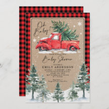 Snowy Winter Baby shower Red Truck Pine Tree