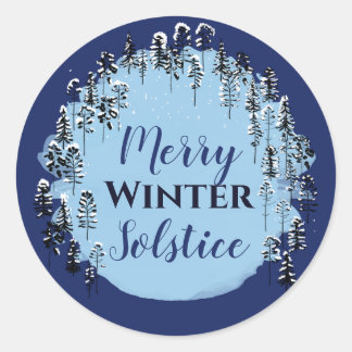 Snowy Winter Blue Forest Merry Solstice Holiday Ronde Sticker
