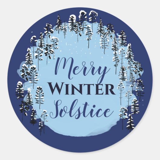 Snowy Winter Blue Forest Merry Solstice Holiday Ronde Sticker (Voorkant)