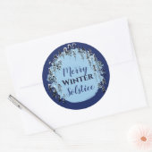 Snowy Winter Blue Forest Merry Solstice Holiday Ronde Sticker (Envelop)