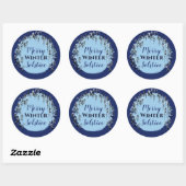 Snowy Winter Blue Forest Merry Solstice Holiday Ronde Sticker (Vel)