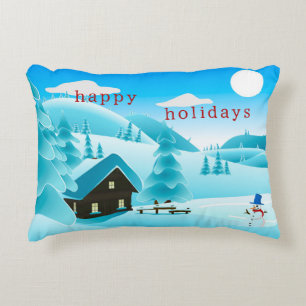 Snowy Winter Bossen Cabin + Snowman Prettige feest Accent Kussen