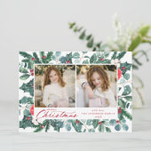 Snowy Winter Botanical Merry 2 Foto Feestdagenkaart (Staand voorkant)