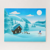Snowy Winter Cabin en Cute Snowman Festive Legpuzzel (Horizontaal)