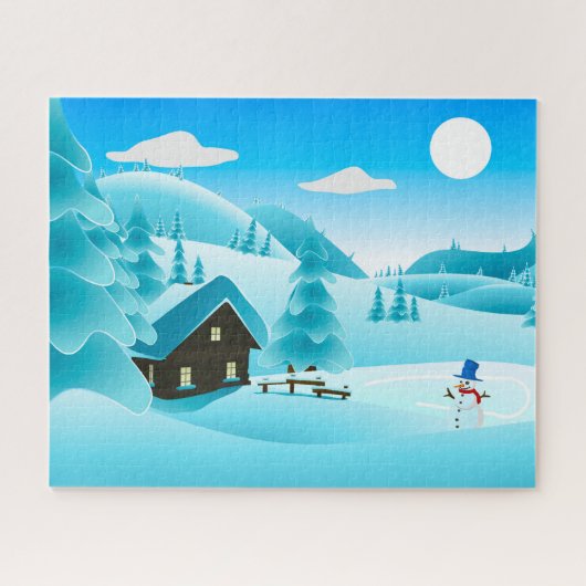 Snowy Winter Cabin en Cute Snowman Festive Legpuzzel (Horizontaal)