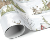 Snowy Winter Cabin | Houtdieren Cadeaupapier (Rol Hoek)
