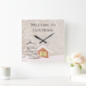 Snowy Winter Cabin Welcome Clock Vierkante Klok (Huis)