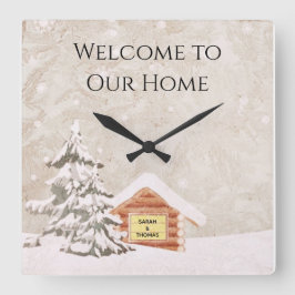 Snowy Winter Cabin Welcome Clock Vierkante Klok
