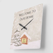 Snowy Winter Cabin Welcome Clock Vierkante Klok (Hoek)