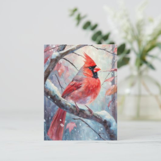 Snowy Winter Cardinal Modern Art Briefkaart (Staand voorkant)