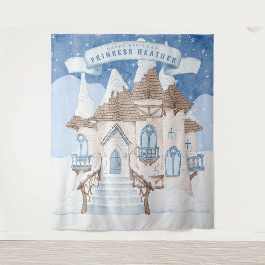 Snowy Winter Castle Foto Booth Backdrop Wandkleed (Voorkant)