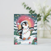 Snowy Winter Cute Penguin in Santa Hat Christmas   Feestdagenkaart (Staand voorkant)