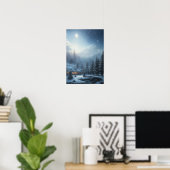 Snowy Winter Evening, een Cozy House in Forest Poster (Thuiskantoor)
