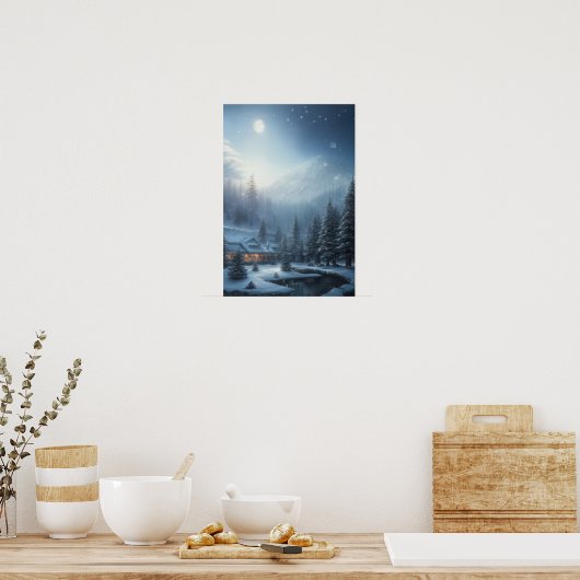 Snowy Winter Evening, een Cozy House in Forest Poster (Keuken)