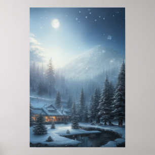 Snowy Winter Evening, een Cozy House in Forest Poster