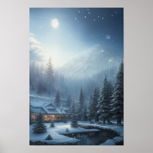 Snowy Winter Evening, een Cozy House in Forest Poster (Voorkant)