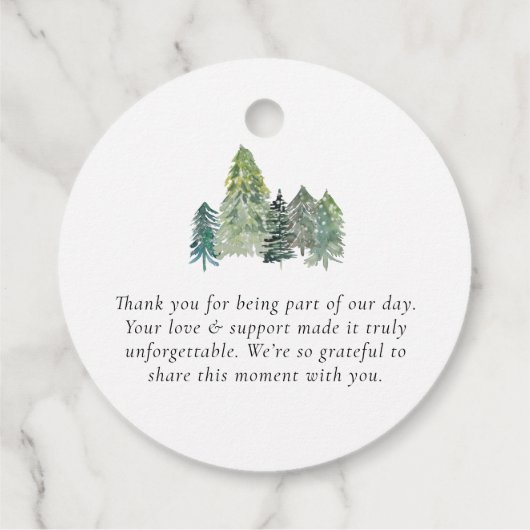 Snowy Winter Evergreen Forest Wedding Bedankt Bedankjes Labels (Achterkant)