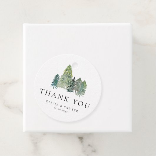 Snowy Winter Evergreen Forest Wedding Bedankt Bedankjes Labels (In situ)