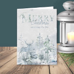 Snowy Winter Forest met Stag Merry Kerstmis Feestdagen Kaart<br><div class="desc">Een persoonlijke kerstkaart voor waterverf met sneeuwwinterbos en een zachte tinteling van blauw en groen. Er staat: "Ik wens u een vrolijk kerstfeest en een gelukkig nieuwjaar" en u kunt de resterende tekst personaliseren. Subtiel en elegant ontwerp van de waterverf met decoratieve typografie.</div>