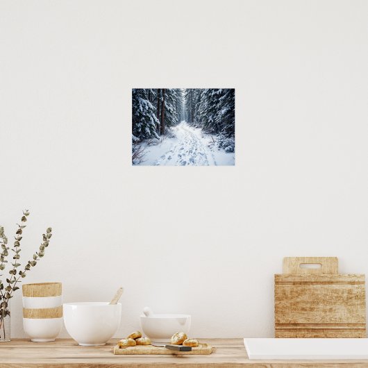 Snowy Winter Forest Path With Footprints Hiking Poster (Keuken)
