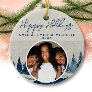 Snowy Winter Forest Snowflakes Holiday Foto Keramisch Ornament
