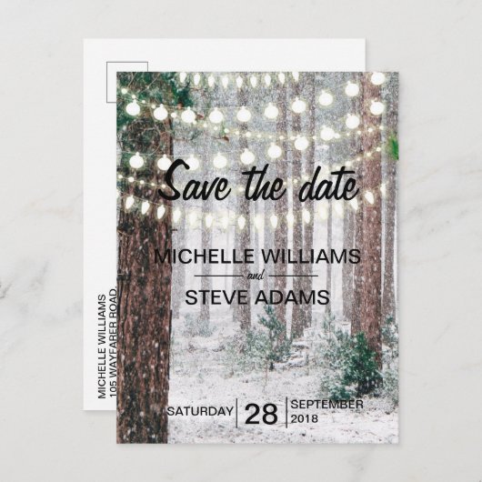 Snowy Winter Forest Wedding Save the Date Aankondigingskaart (Voorkant / Achterkant)