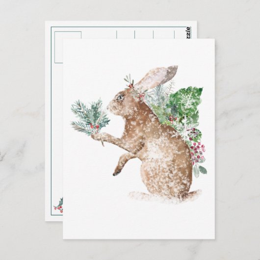 Snowy Winter Hare geeft posy van Spruce & Holly Briefkaart (Voorkant / Achterkant)