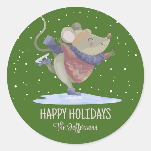 Snowy Winter Holiday Cute Mouse Ronde Sticker (Voorkant)