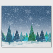 Snowy Winter Kerstblauw en Groene Scene Cadeaupapier (Vlak)