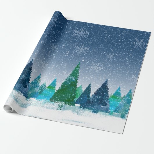 Snowy Winter Kerstblauw en Groene Scene Cadeaupapier (Uitgerold)