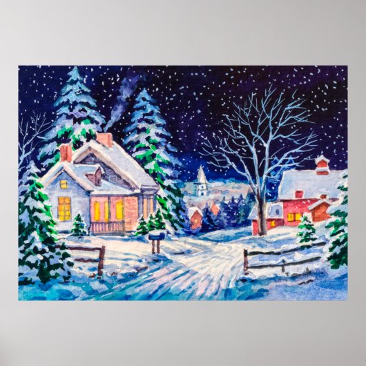 Snowy winter landscape. Country House. Christmas h Poster (Voorkant)