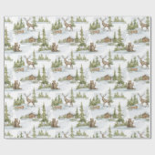 Snowy Winter Log Cabin | Houtdieren Cadeaupapier (Vlak)