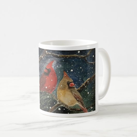 Snowy Winter Male en Vrouw Cardinals Coffee Mok (Voorkant rechts)