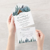 Snowy Winter Mountain Forest Cabin Lodge Wedding All In One Uitnodiging (Afscheurbaar)