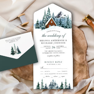 Snowy Winter Mountain Forest Cabin Lodge Wedding All In One Uitnodiging
